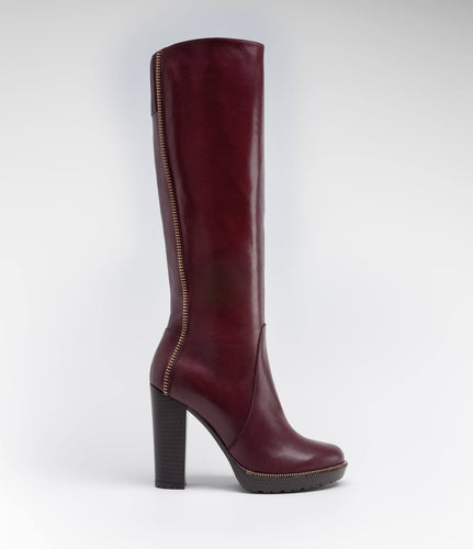 leder langschaft stiefel reißverschluss optik bordeaux