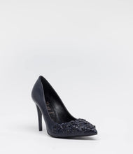 schuhe damen absatz blumen applikation blau